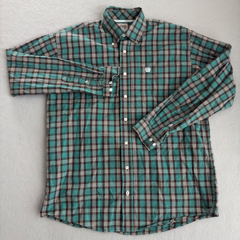 Cinch Mens Western Button Down Shirt Small Teal Brown Plaid Cotton Long Sleeve